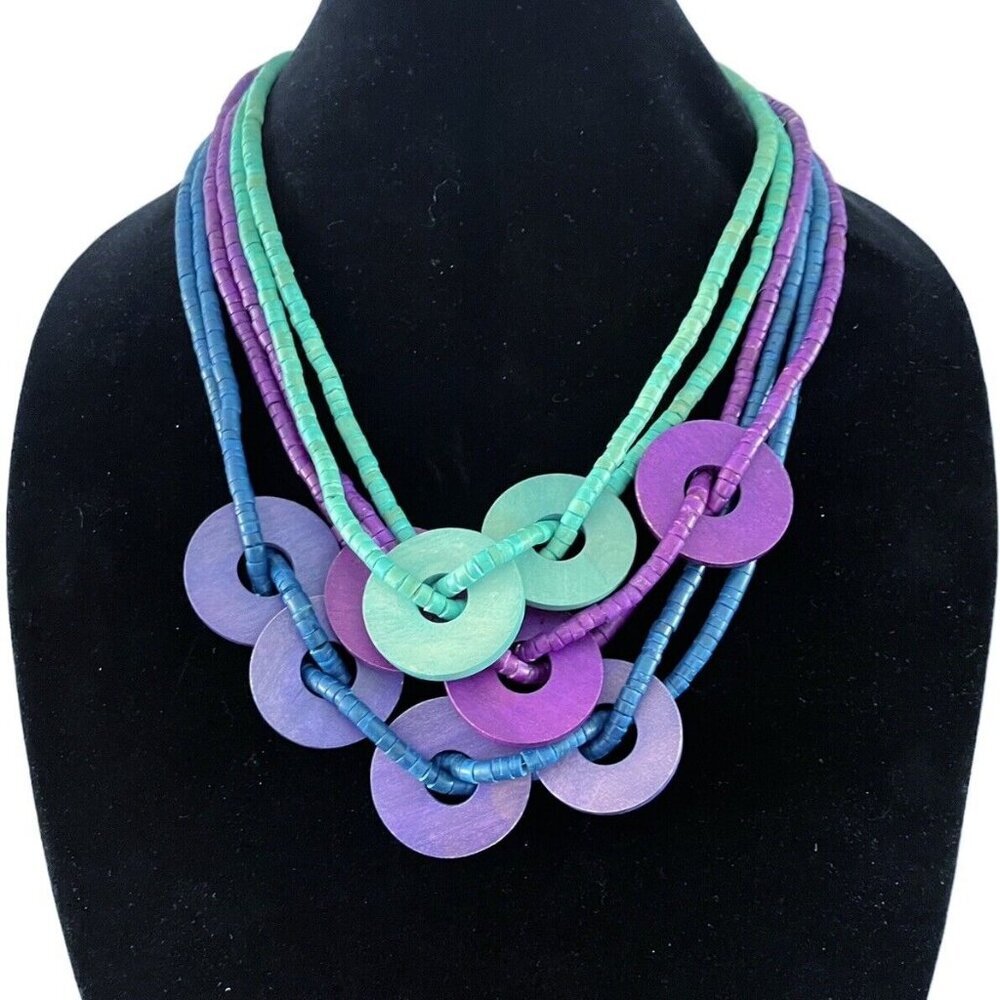 Vantage Boho Wooden‎ Bead Statement Necklace Multi Strand Turquoise Disc Collar